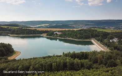 Drohnenaufnahme vom Seepanorama mit Damm