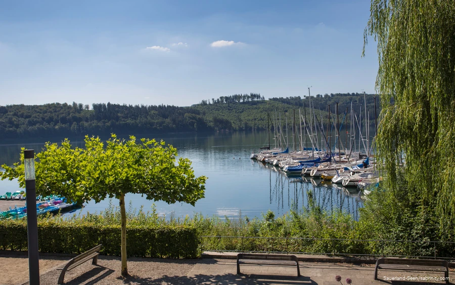 Blick auf den See mit Segelbooten von der Promenade aus